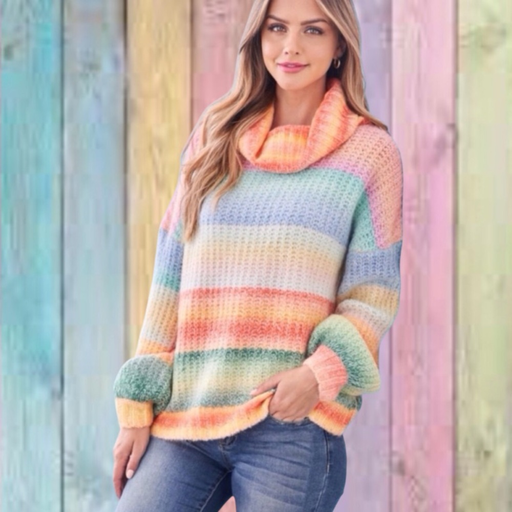 Love Riche Coral Pink Blue Rainbow Stripe Cow Neck Oversized Sweater NWT